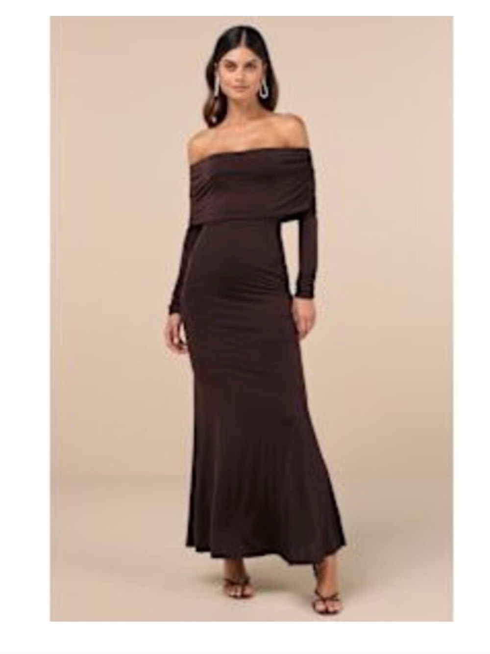 Lulu's Off-Shoulder Brown Long-Sleeve Maxi Dress